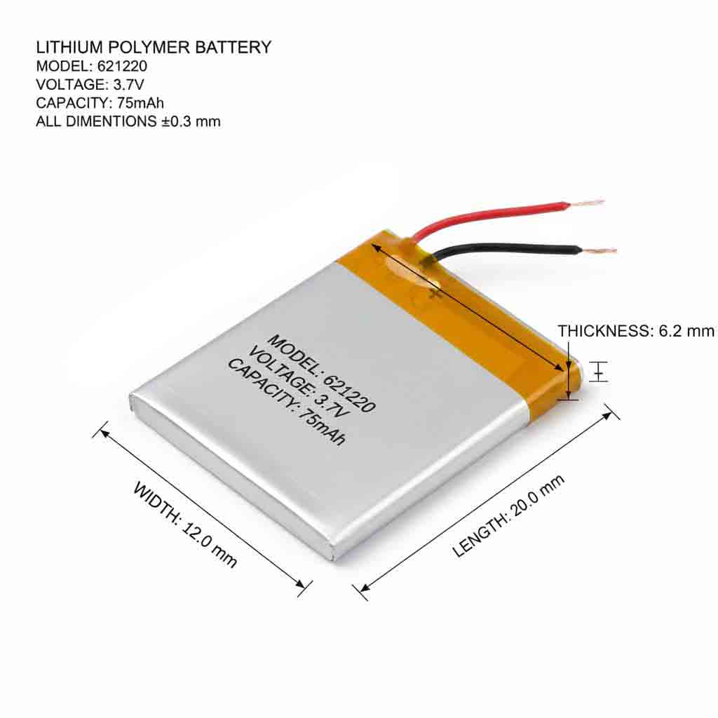 باتری لیتیوم پلیمر 3.7 ولت 75 میلی آمپر 621220