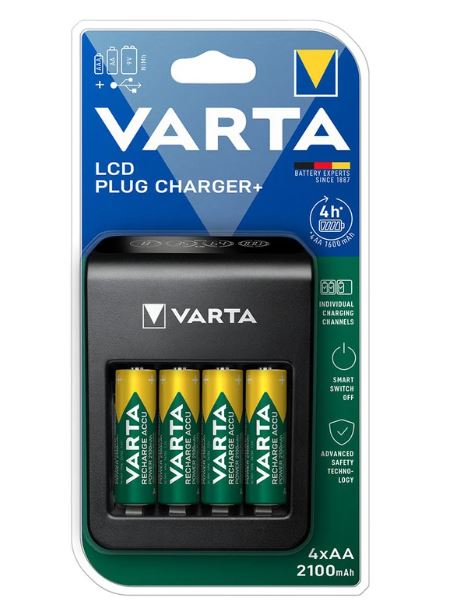 شارژر باتری وارتا مدل +LCD PLUG CHARGER به همراه 4 باتری قلمی 2100 میلی آمپر